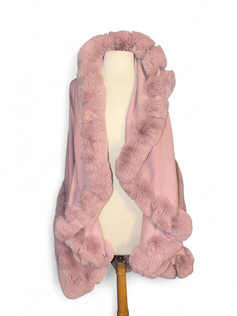 Elegant Dusty Pink Double-Layer Faux Fur Trim Cape Poncho Shawl - One Size